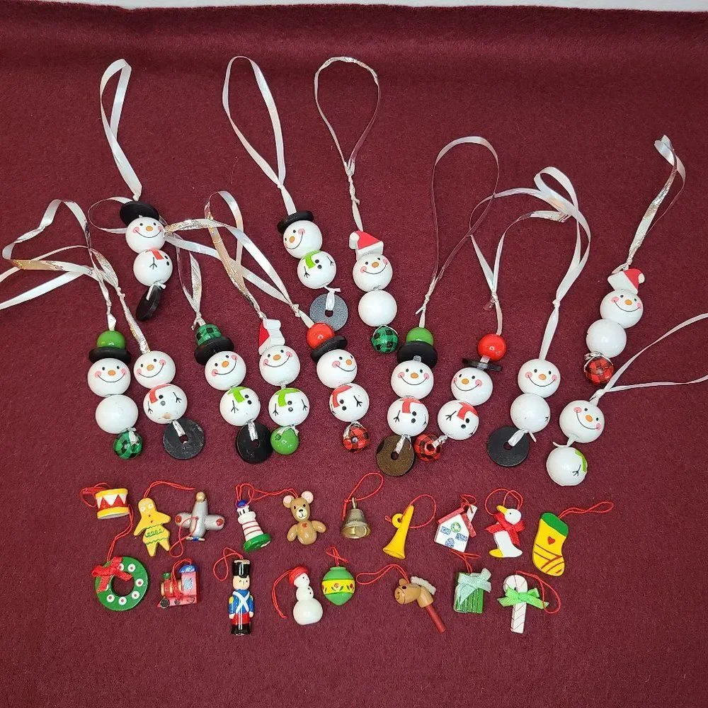 Festive Wooden Christmas Snowman Bead & Miniature Wooden Christmas Tree Ornament